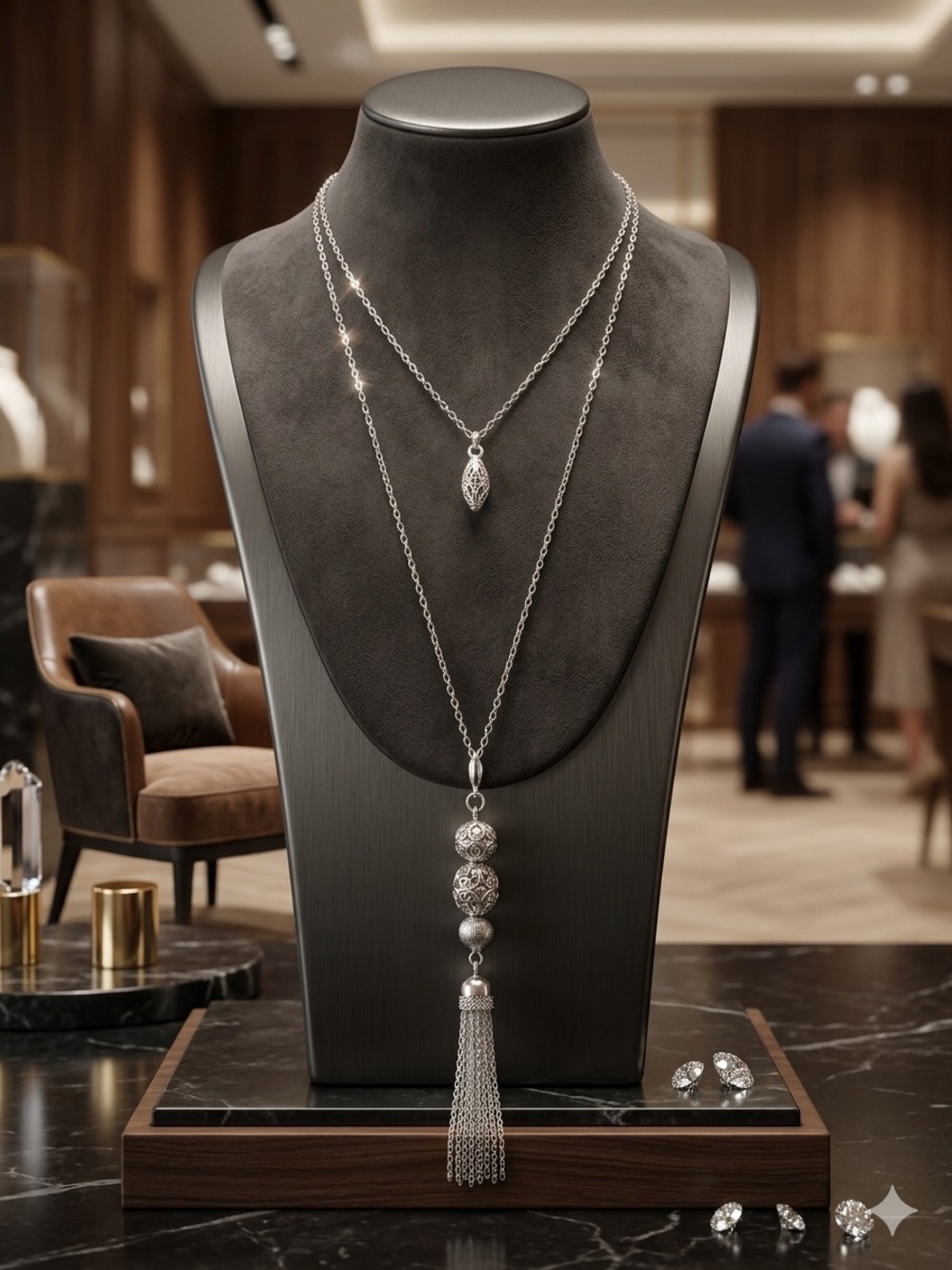 Elegant Silver Layered Tassel Necklace with Filigree Beads